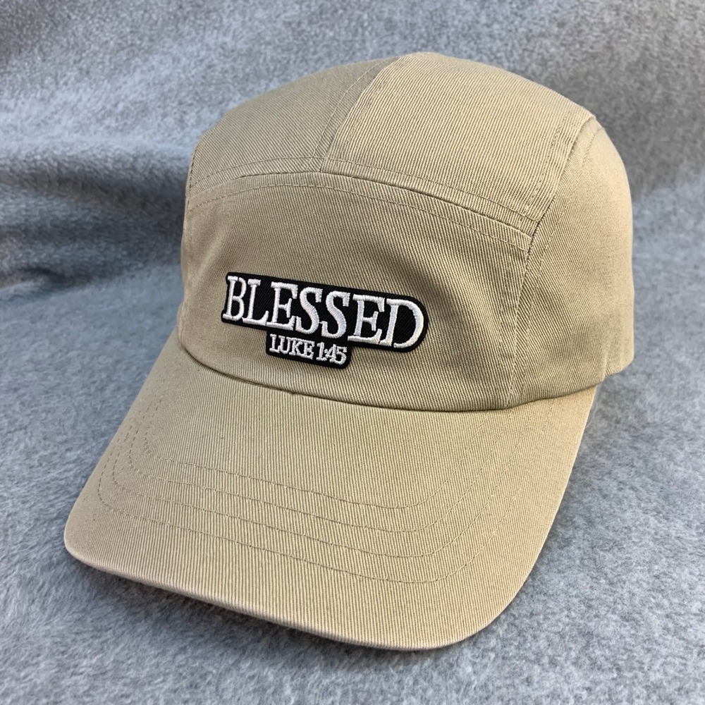 Blessed Luke 1:45 Patch Mens Tan Faded Glory Hat 5 Panel Adjustable Strapback